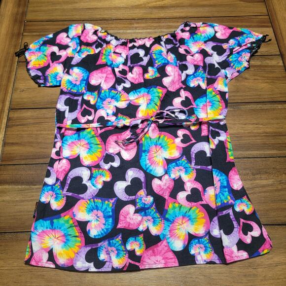 Peaches Psychedelic Hearts Scrub Blouse w/ Tie Neck - Size XS - Picture 3 of 6